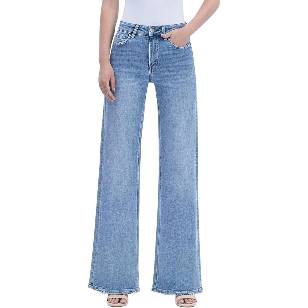 Women's High Rise Raw Hem Wide Leg Jeans Comfort Stretch Denim Size 27